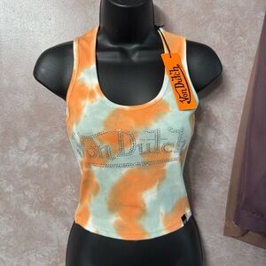Von Dutch Orange and Mint Fitted Crop Tank Top Medium NWT